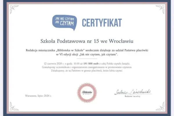 Szkoła Podstawowa nr 15 we Wrocławiu z certyfikatem ogólnopolskiej akcji czytelniczej