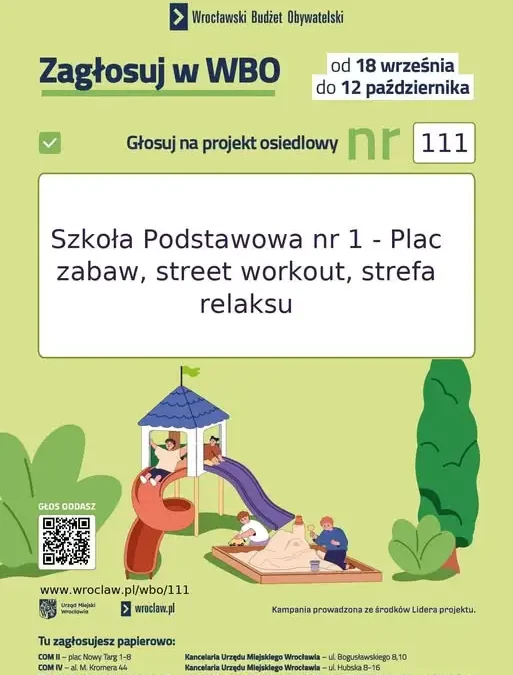 Wrocławski Budżet Obywatelski: głosowanie na projekt 111 dla SP nr 1 na Ołbinie