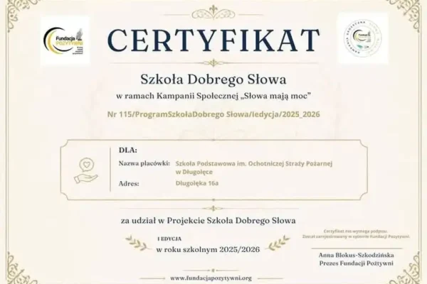 Szkoła w Długołęce z certyfikatem „Szkoła Dobrego Słowa”