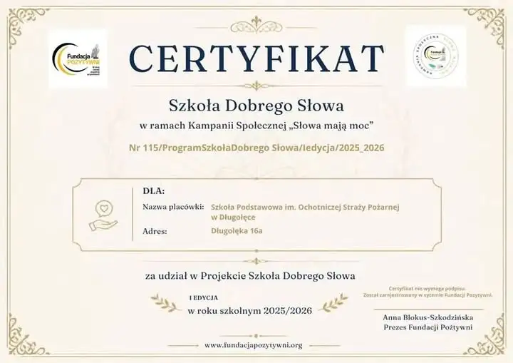 Szkoła w Długołęce z certyfikatem „Szkoła Dobrego Słowa”