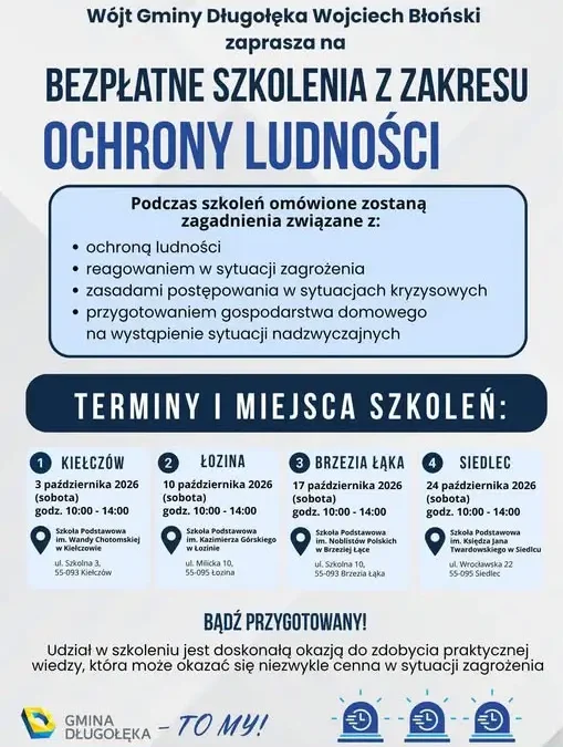Bezpłatne szkolenia z ochrony ludności w gminie Długołęka – start już 3 października