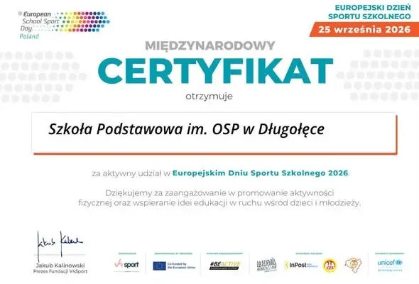 Certyfikaty Europejskiego Dnia Sportu Szkolnego 2026 trafiły do szkoły