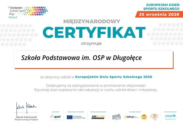 Certyfikaty Europejskiego Dnia Sportu Szkolnego 2026 trafiły do szkoły