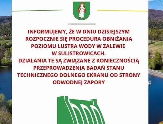 Zalew w Sulistrowicach: obniżenie poziomu wody z powodu badań zapory