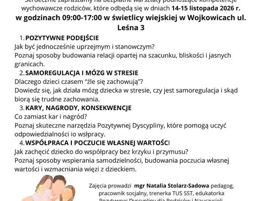 Bezpłatne warsztaty „Pozytywna Dyscyplina” w Wojkowicach – 14-15 listopada 2026
