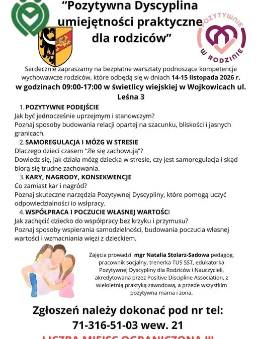 Bezpłatne warsztaty „Pozytywna Dyscyplina” w Wojkowicach – 14-15 listopada 2026