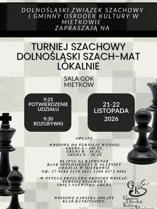 Turniej Szachowy „Dolnośląski Szach-Mat Lokalnie” w Mietkowie — zapisy trwają